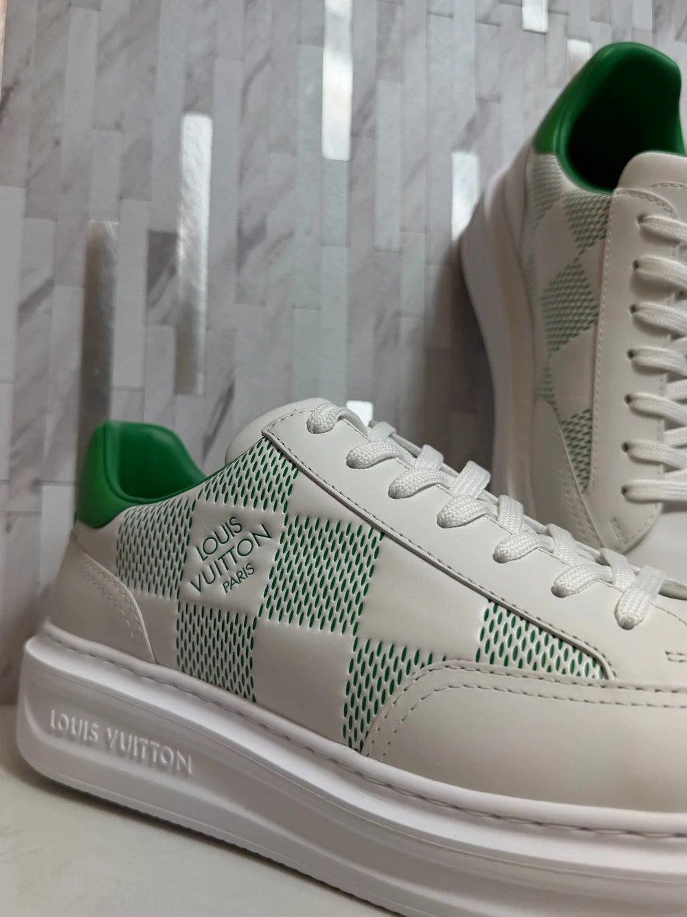 🍀Louis Vuitton Men’s Beverly Hills Giant Damier White/Green Sneakers 7.5UK/9US